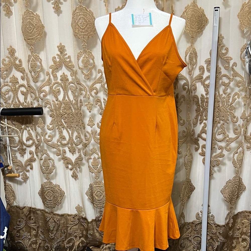 SHEIN Orange Midi Dress with Ruffle Hem